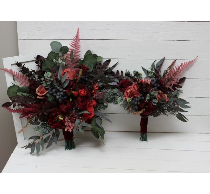 Wedding bouquets in deep burgundy red blue colors. Bridal bouquet. Faux bouquet. Bridesmaid bouquet. 5077