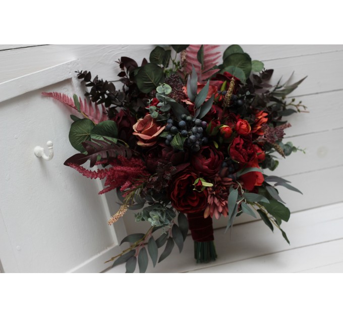 Wedding bouquets in deep burgundy red blue colors. Bridal bouquet. Faux bouquet. Bridesmaid bouquet. 5077