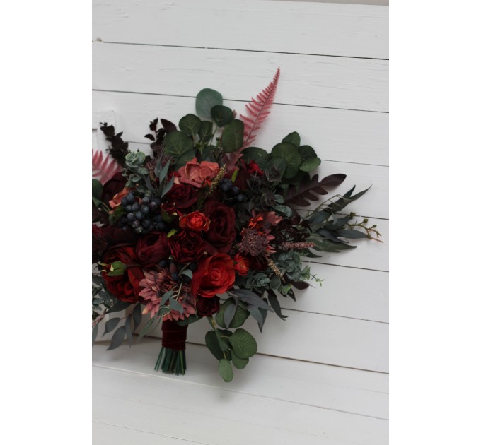 Wedding bouquets in deep burgundy red blue colors. Bridal bouquet. Faux bouquet. Bridesmaid bouquet. 5077