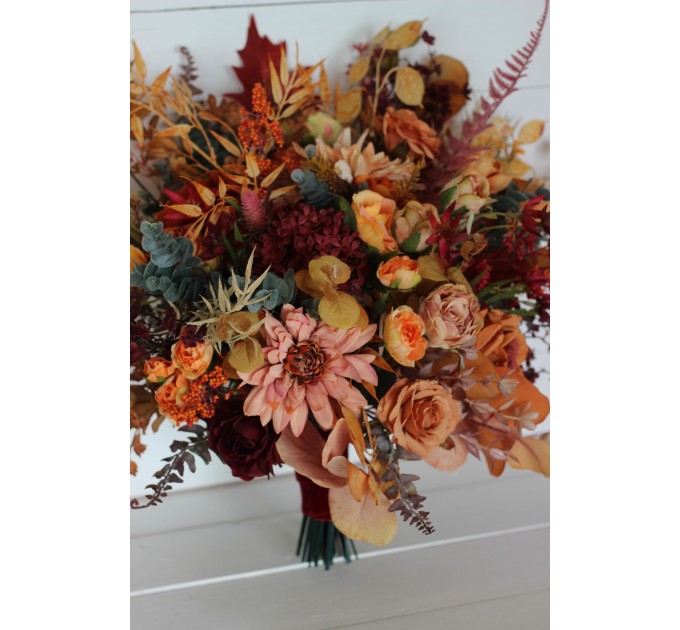 Wedding bouquets in rust burgundy orange colors. Bridal bouquet. Faux bouquet. Bridesmaid bouquet. 5073-1