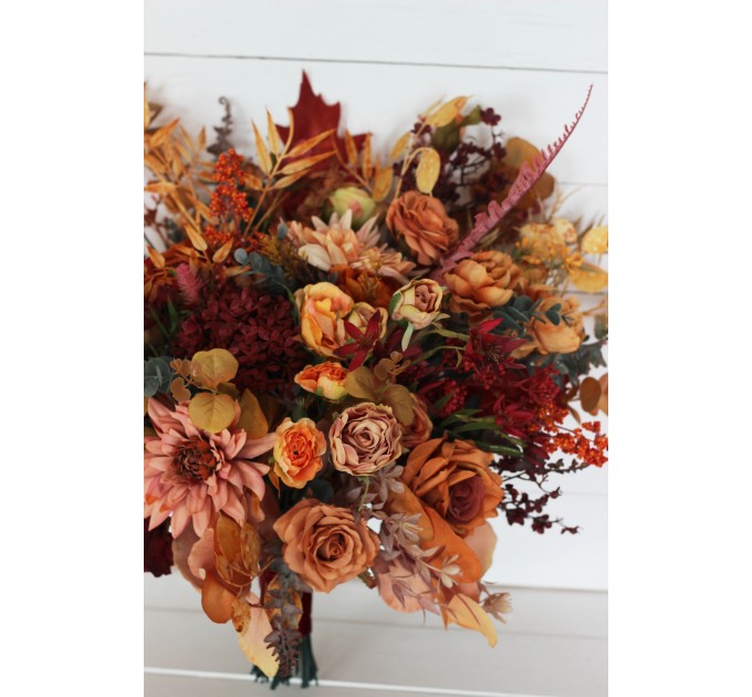 Wedding bouquets in rust burgundy orange colors. Bridal bouquet. Faux bouquet. Bridesmaid bouquet. 5073-1