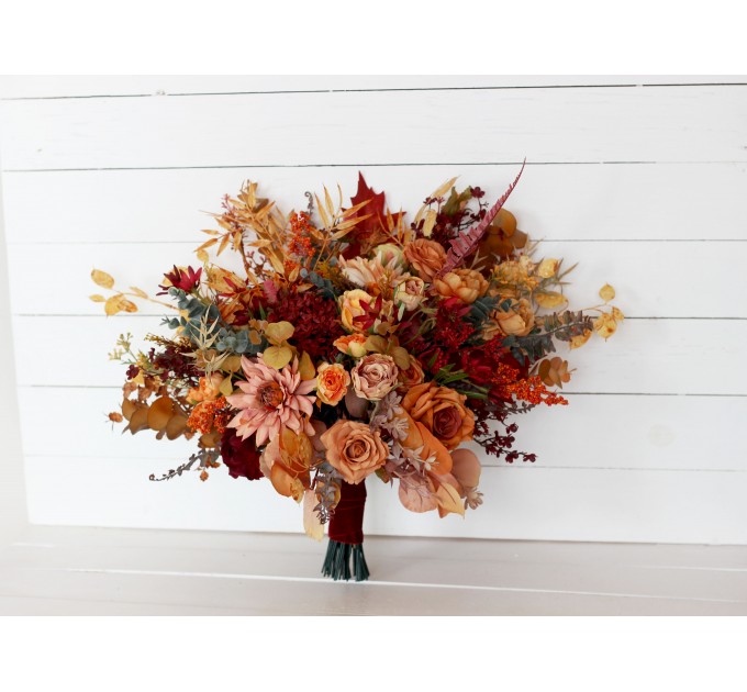 Wedding bouquets in rust burgundy orange colors. Bridal bouquet. Faux bouquet. Bridesmaid bouquet. 5073-1
