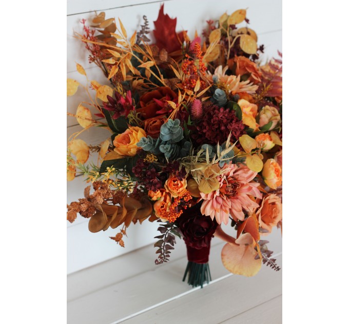Wedding bouquets in rust burgundy orange colors. Bridal bouquet. Faux bouquet. Bridesmaid bouquet. 5073-1