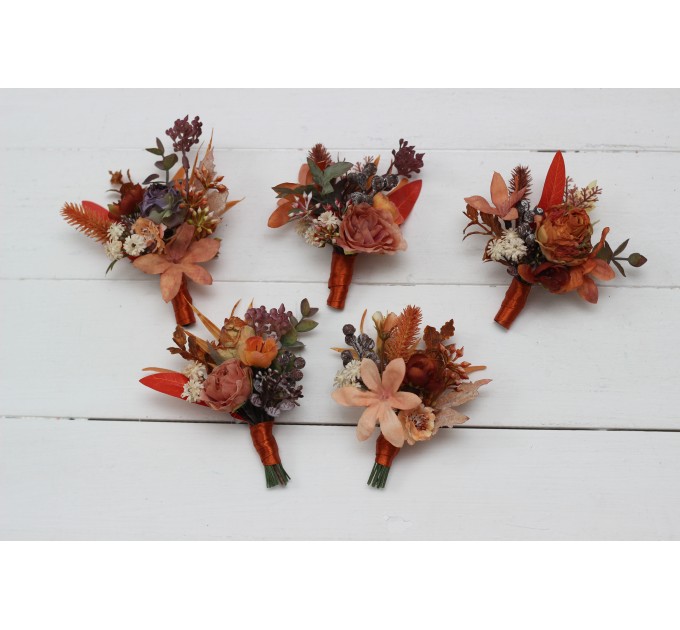Wedding Boutonnieres & Wrist Corsage in Rust, Orange & Purple | Faux Flower Accessories