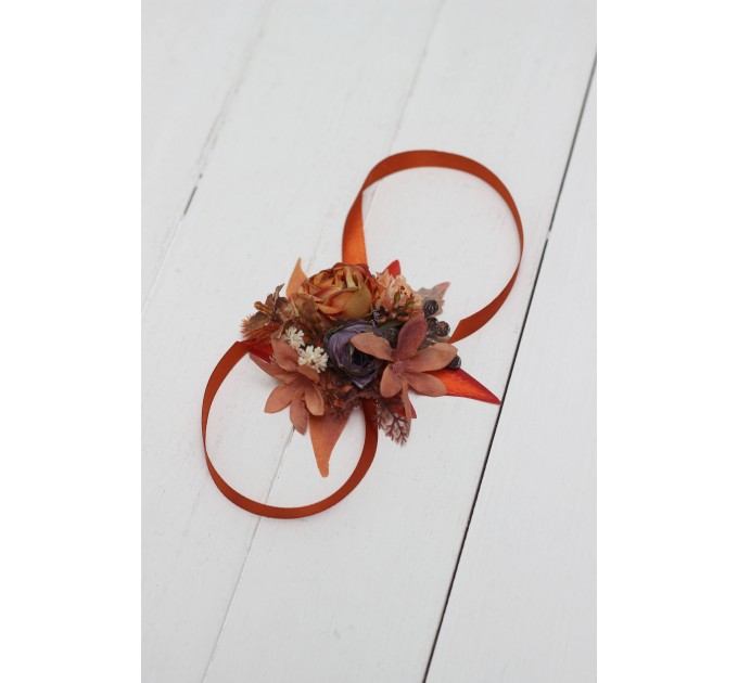Wedding Boutonnieres & Wrist Corsage in Rust, Orange & Purple | Faux Flower Accessories