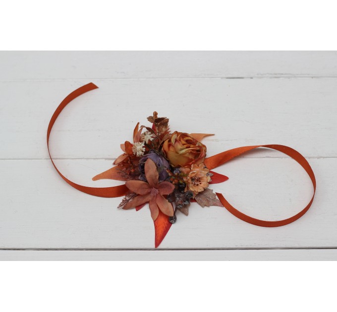 Wedding Boutonnieres & Wrist Corsage in Rust, Orange & Purple | Faux Flower Accessories
