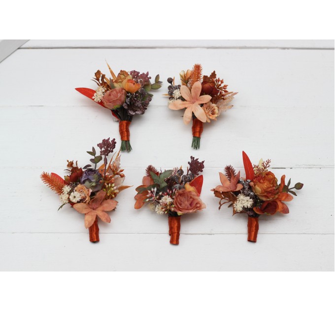 Wedding Boutonnieres & Wrist Corsage in Rust, Orange & Purple | Faux Flower Accessories