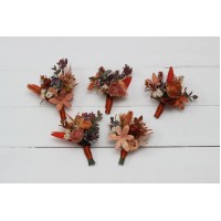  Wedding boutonnieres and wrist corsage  in rust orange purple color scheme. Flower accessories. 5073