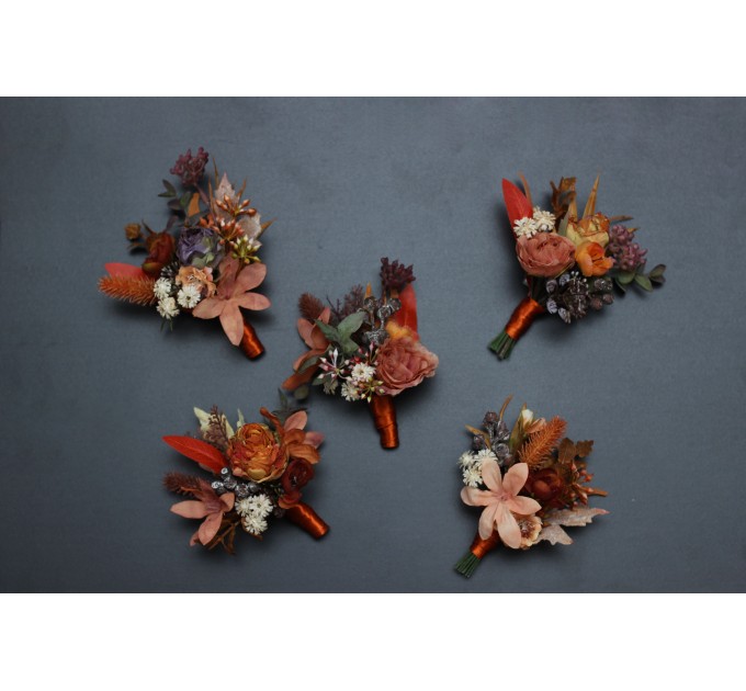 Wedding Boutonnieres & Wrist Corsage in Rust, Orange & Purple | Faux Flower Accessories