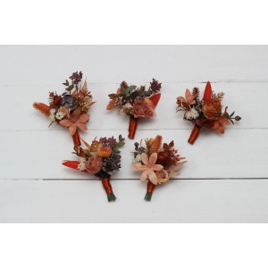 Wedding boutonnieres and wrist corsage  in rust orange purple color scheme. Flower accessories. 5073