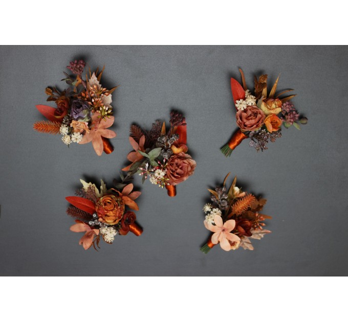 Wedding Boutonnieres & Wrist Corsage in Rust, Orange & Purple | Faux Flower Accessories
