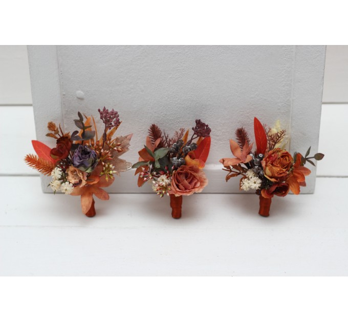Wedding Boutonnieres & Wrist Corsage in Rust, Orange & Purple | Faux Flower Accessories