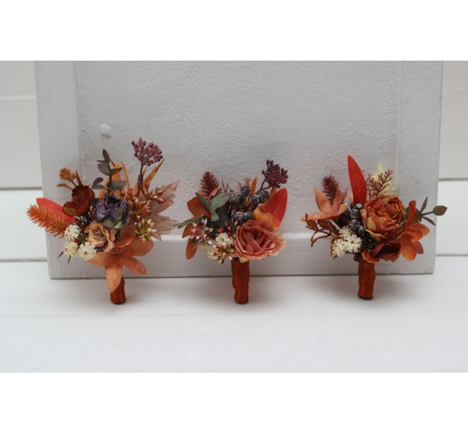 Wedding Boutonnieres & Wrist Corsage in Rust, Orange & Purple | Faux Flower Accessories