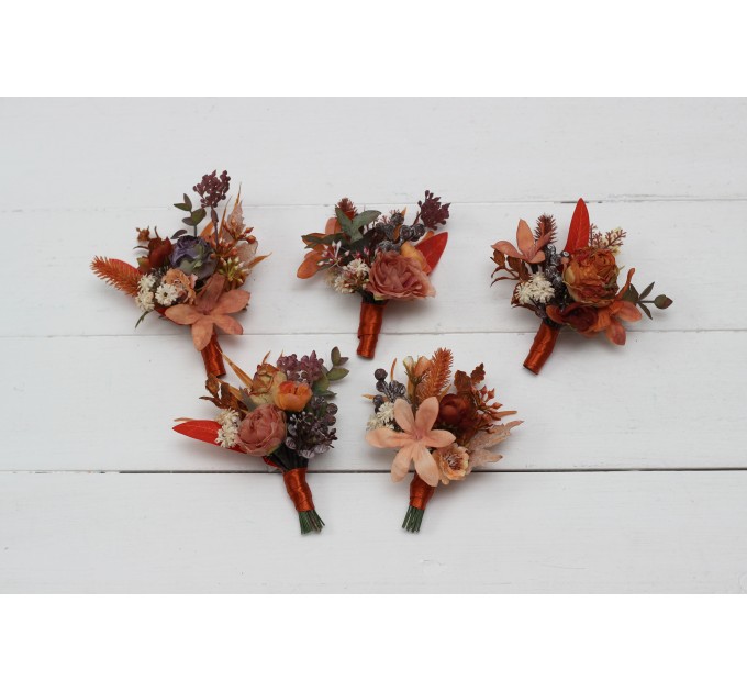 Wedding Boutonnieres & Wrist Corsage in Rust, Orange & Purple | Faux Flower Accessories
