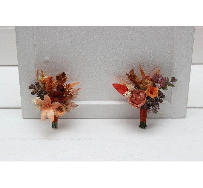 Wedding Boutonnieres & Wrist Corsage in Rust, Orange & Purple | Faux Flower Accessories