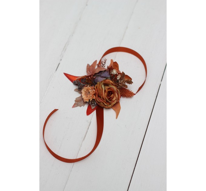 Wedding Boutonnieres & Wrist Corsage in Rust, Orange & Purple | Faux Flower Accessories