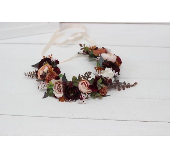 Cinnamon burgundy blush pink rust flower crown. Hair wreath. Flower girl crown. Wedding flowers. 5082