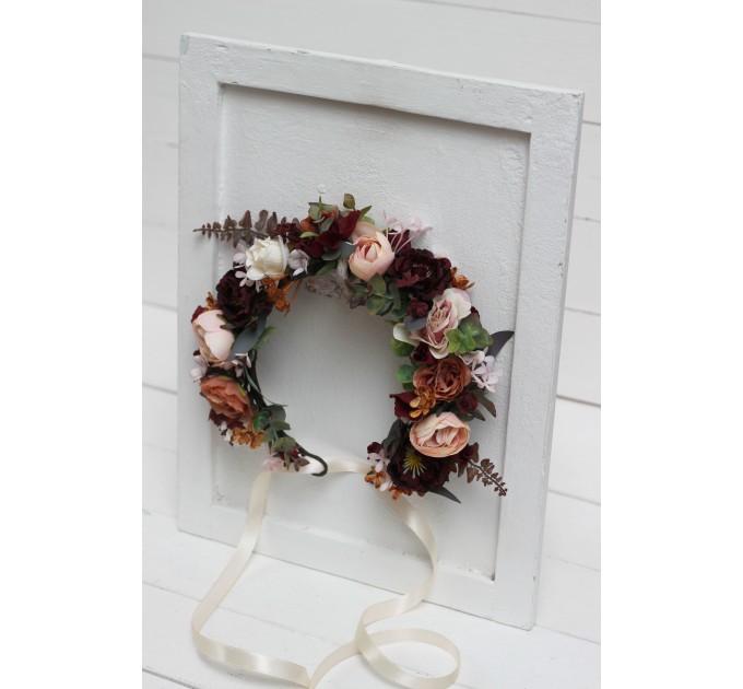 Cinnamon burgundy blush pink rust  flower crown. Hair wreath. Flower girl crown. Wedding flowers. 5082