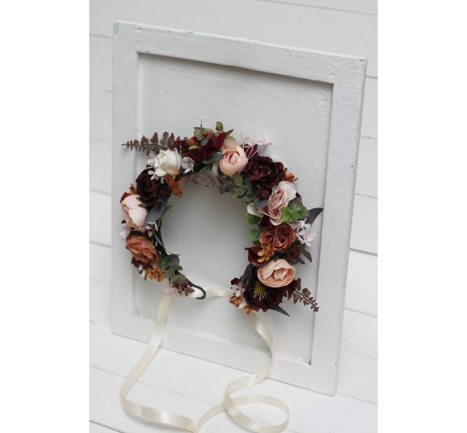 Cinnamon burgundy blush pink rust flower crown. Hair wreath. Flower girl crown. Wedding flowers. 5082