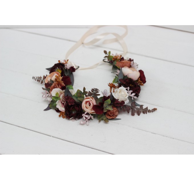 Cinnamon burgundy blush pink rust flower crown. Hair wreath. Flower girl crown. Wedding flowers. 5082