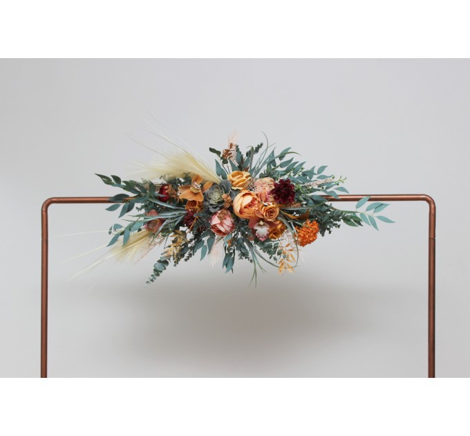 Flower arch arrangement in coral burgundy peach colors. Arbor flowers. Floral archway. Faux flowers for wedding arch. 5079