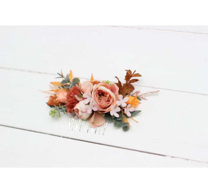 Flower comb in terracotta peach pink color scheme. Wedding accessories for hair. Bridal flower comb. Bridesmaid floral comb. 5079-1