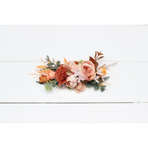 Flower comb in terracotta peach pink color scheme. Wedding accessories for hair. Bridal flower comb. Bridesmaid floral comb. 5079-1
