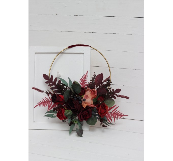 Flower hoop burgundy red blue colors. Alternative bridesmaid bouquet. 5077