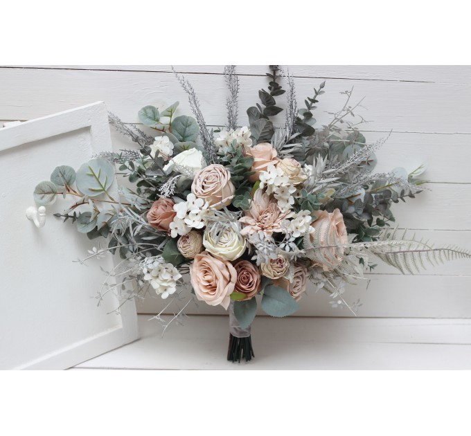 Wedding bouquets in beige white gray colors. Bridal bouquet. Faux bouquet. Bridesmaid bouquet. 5078