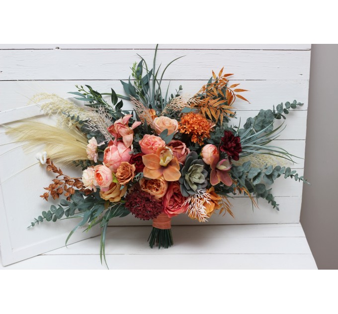 Wedding bouquets in coral burgundy peach colors. Bridal bouquet. Faux bouquet. Bridesmaid bouquet. 5079