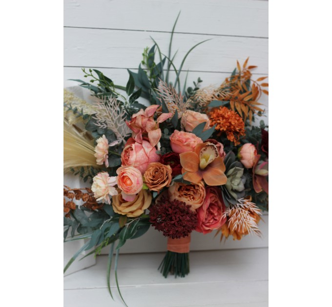 Wedding bouquets in coral burgundy peach colors. Bridal bouquet. Faux bouquet. Bridesmaid bouquet. 5079