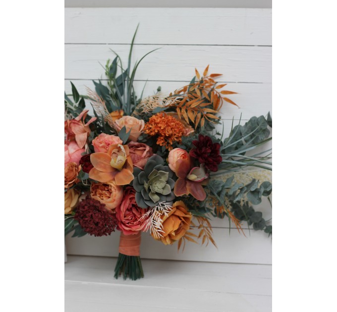 Wedding bouquets in coral burgundy peach colors. Bridal bouquet. Faux bouquet. Bridesmaid bouquet. 5079