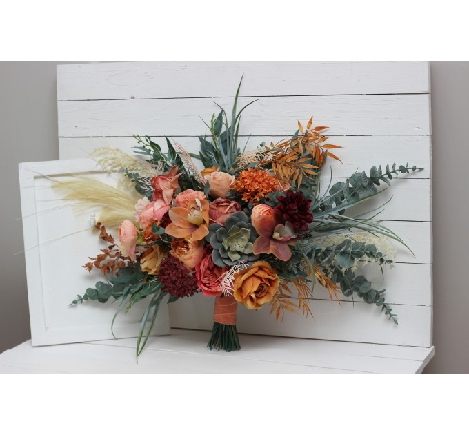 Wedding bouquets in coral burgundy peach colors. Bridal bouquet. Faux bouquet. Bridesmaid bouquet. 5079