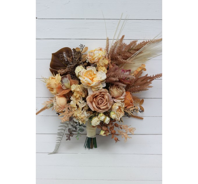 Wedding bouquets in orange yellow terracotta colors. Bridal bouquet. Faux bouquet. Bridesmaid bouquet. 5083