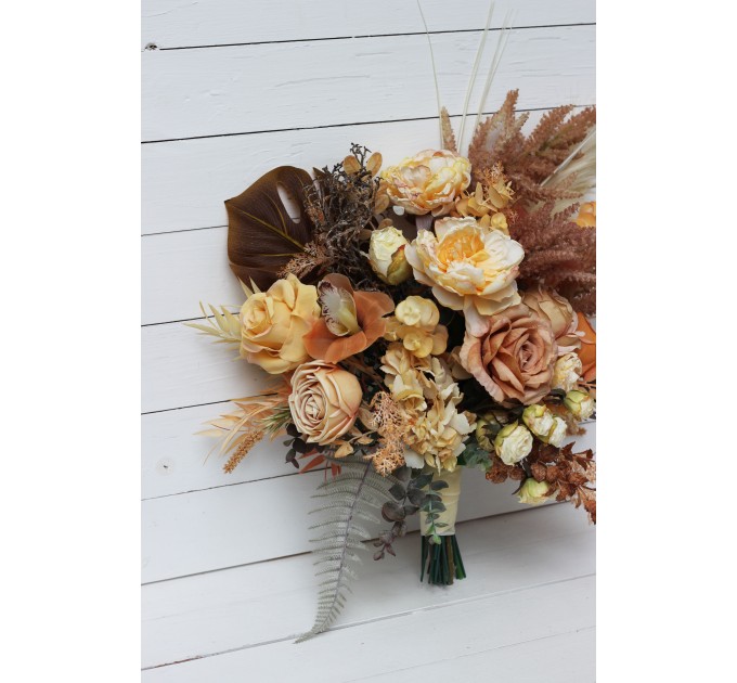 Wedding bouquets in orange yellow terracotta colors. Bridal bouquet. Faux bouquet. Bridesmaid bouquet. 5083