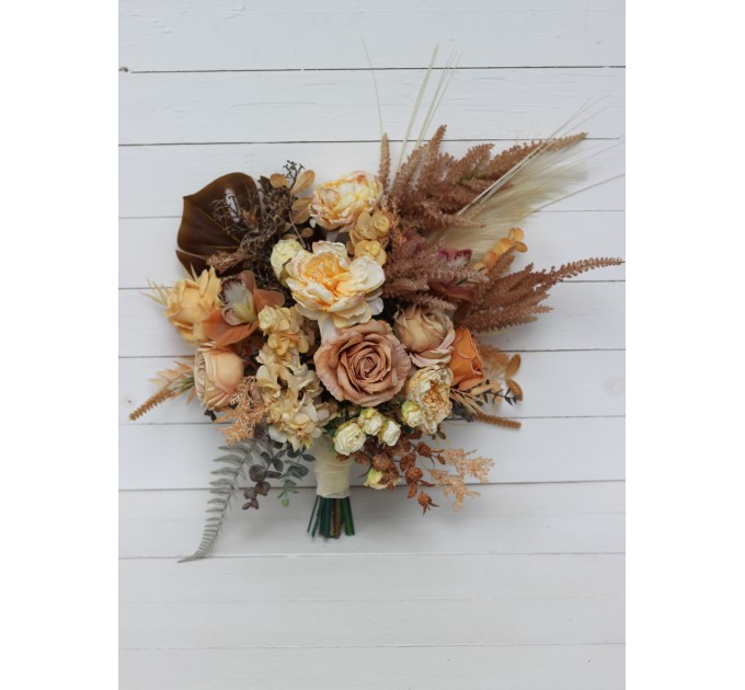 Wedding bouquets in orange yellow terracotta colors. Bridal bouquet. Faux bouquet. Bridesmaid bouquet. 5083