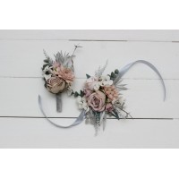  Wedding boutonnieres and wrist corsage  in beige white gray color scheme. Flower accessories. 5078