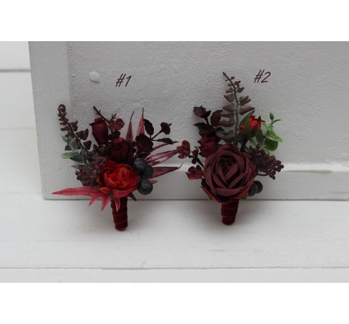 Wedding Boutonnieres & Wrist Corsage in Burgundy, Red & Blue | Faux Flower Accessories