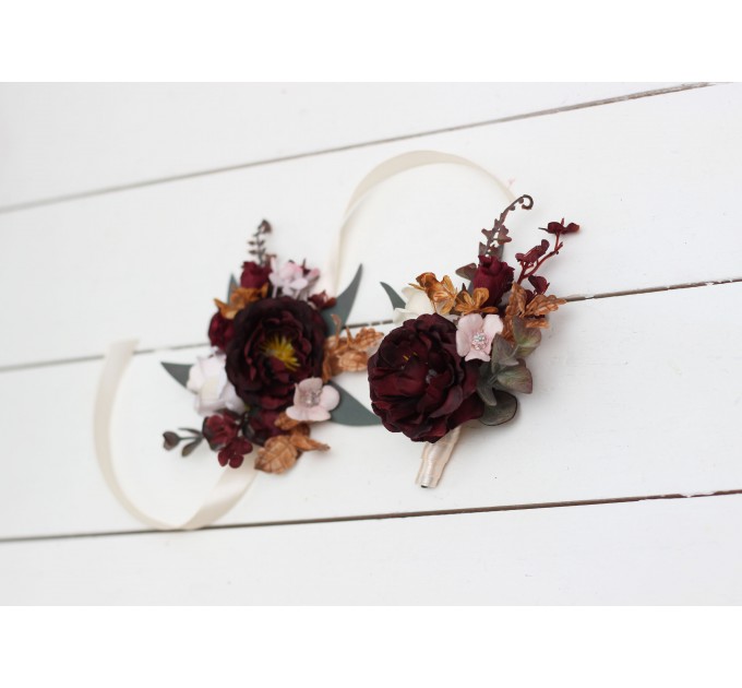  Wedding boutonnieres and wrist corsage  in cinnamon burgundy blush pink rust  color scheme. Flower accessories. 5082