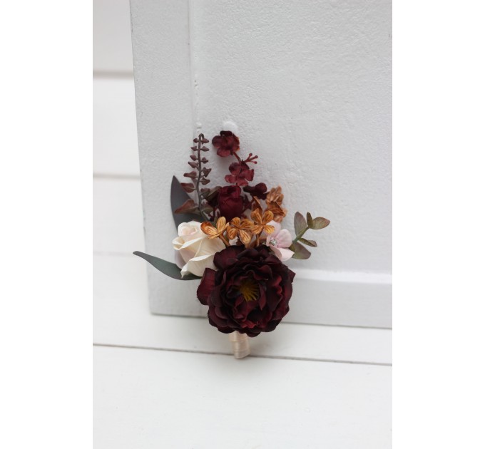  Wedding boutonnieres and wrist corsage  in cinnamon burgundy blush pink rust  color scheme. Flower accessories. 5082