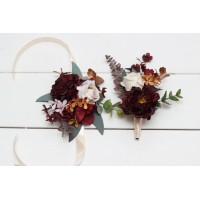 Wedding boutonnieres and wrist corsage  in cinnamon burgundy blush pink rust  color scheme. Flower accessories. 5082