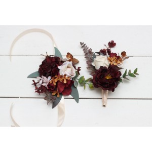  Wedding boutonnieres and wrist corsage  in cinnamon burgundy blush pink rust  color scheme. Flower accessories. 5082