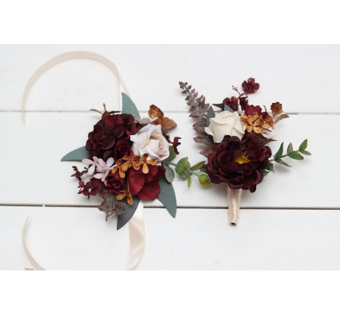  Wedding boutonnieres and wrist corsage  in cinnamon burgundy blush pink rust  color scheme. Flower accessories. 5082