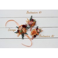  Wedding boutonnieres and wrist corsage  in coral burgundy peach color scheme. Flower accessories. 5079