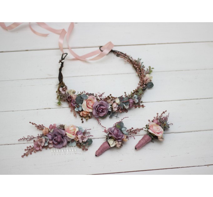 Dusty rose purple pink flower crown. Hair wreath in  pastel colors. Flower girl crown. Wedding flowers. 0004