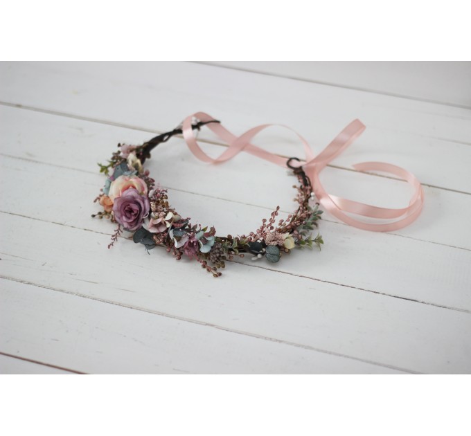 Dusty rose purple pink flower crown. Hair wreath in  pastel colors. Flower girl crown. Wedding flowers. 0004