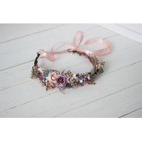 Dusty rose purple pink flower crown. Hair wreath in  pastel colors. Flower girl crown. Wedding flowers. 0004