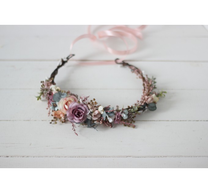 Dusty rose purple pink flower crown. Hair wreath in  pastel colors. Flower girl crown. Wedding flowers. 0004