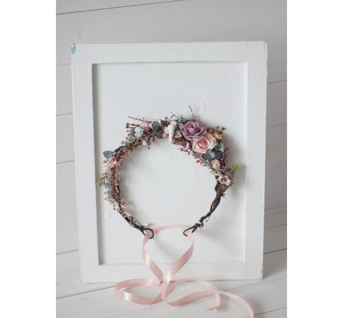 Dusty rose purple pink flower crown. Hair wreath in  pastel colors. Flower girl crown. Wedding flowers. 0004