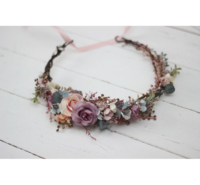 Dusty rose purple pink flower crown. Hair wreath in  pastel colors. Flower girl crown. Wedding flowers. 0004